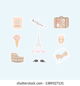 Vector set of stylish elements on a travel theme. Cute vector icons in vintage style. Journey, romantic flowers in a waffle con, The Eiffel Tower, passport, map, Colosseum, plane, suitcase.