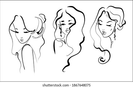 
VECTOR Set  with a
stylish  fashion original hand-drawn graphics portrait  with beautiful young beautiful girl model for design. 