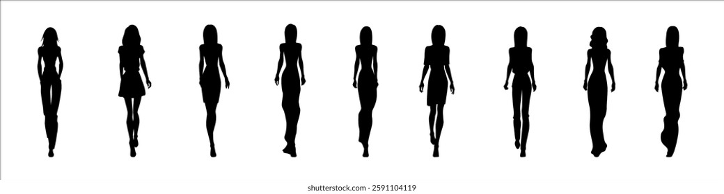 Vector set of stylish female silhouettes representing fashion models in different elegant poses. Style concept