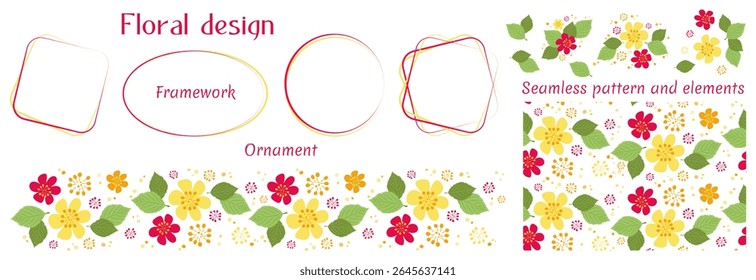 Conjunto de Vector para el diseño floral con estilo. Elementos aislados, flores, hojas, marcos vacíos, adorno, patrón sin costuras. Constructor listo para la creatividad y el diseño de álbumes de fotos. Formas simples, colores