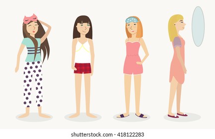 Vector set of stylish funny people. Woman or girl characters in casual pajama clothing. Cartoon stylized everyday life illustration. Isolated on background