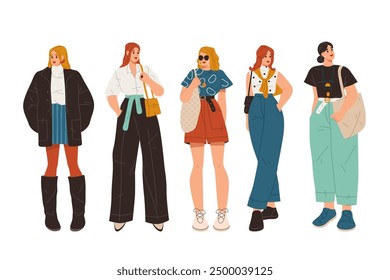 Vector set of stylish girl or woman in fashion cloth. Cartoon female in trendy clothing. Collection of posing women. Elegant adult beauty model. Person standing in retro outfit.Young girl modern style