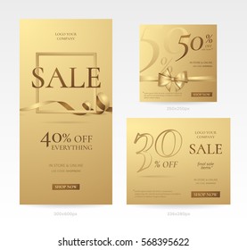 Vector set of stylish golden sale banners of different sizes with bow, frame and ribbon. Template for discount offers and promotion design on the website. Isolated from the background.