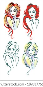 
VECTOR Set  with a
stylish  original hand-drawn graphics sketch portrait  with beautiful young girl model for design beauty logo 