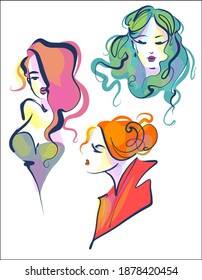 
Conjunto de vectores con un
elegante  retrato original de dibujo gráfico a mano  con el hermoso modelo de chica joven modelo de diseño logotipo de belleza 