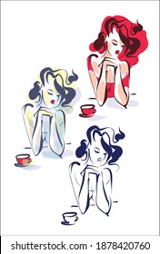 
VECTOR Set  with a
stylish  original hand-drawn graphics sketch portrait  with beautiful young girl model for design beauty logo 