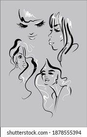 
VECTOR Set  with a
stylish  original hand-drawn graphics sketch portrait  with beautiful young girl model for design beauty logo 