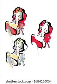 
VECTOR Set with a
stylish  original hand-drawn graphics sketch portrait  with beautiful young girl model for design beauty logo 