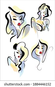 
VECTOR Set with a
stylish  original hand-drawn graphics sketch portrait  with beautiful young woman model for design beauty logo 