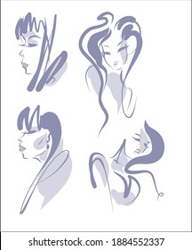
VECTOR Set with a
stylish  original hand-drawn graphics sketch portrait  with beautiful young girl model for design beauty logo 