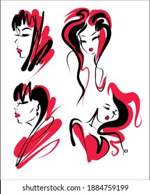 
VECTOR Set with a
stylish  original hand-drawn graphics sketch portrait  with beautiful young girl model for design beauty logo 