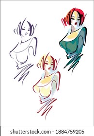 
VEKTOR-Set mit
stylisch  originales, handgezeichnetes Skizzenporträt  mit schönem jungen Mädchenmodell mit Design-Beauty-Logo 