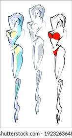
Conjunto de vectores con un
elegante  gráfico original de dibujos gráficos dibujados a mano con modelo de chica hermosa en bikini para el diseño del logo de belleza 