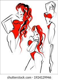 
VECTOR Set with a
stylish  original hand-drawn graphics sketch graphic with Beautiful young girl model in bikini for design beauty logo 