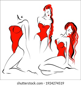 
Conjunto de vectores con un
elegante  gráfico original de dibujos gráficos dibujados a mano con modelo de chica hermosa en bikini para el diseño del logo de belleza 