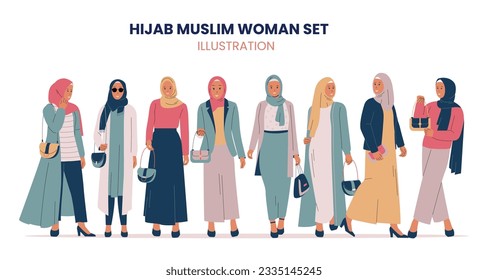 Conjunto de vectores de mujeres musulmanas elegantes. Colección de vestimenta musulmana con hiyab. Ilustración vectorial plana aislada en fondo blanco