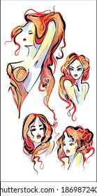 
VECTOR Set with a
stylish  original hand-drawn sketch graphics portrait  with beautiful young girl model for fashion design logo 