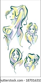 VECTOR Set with a stylish  original hand-drawn sketch graphics portrait  with beautiful young girl model for fashion design logo 