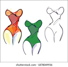 Conjunto de vECTOR con un diseño original de dibujos a mano con un bonito modelo de chica joven en bikini para el logo de diseño de moda 
