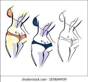 VECTOR-Set mit einer stilvollen, handgezeichneten Sketch-Grafik mit einem schönen jungen Girdmädchen-Modell in Bikini für Modedesign-Logo 