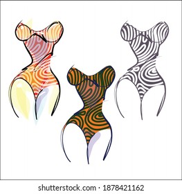 
VECTOR set with a
stylish  original hand-drawn sketch graphics with beautiful young girl model in bikini for fashion design logo 