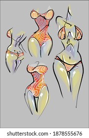 
VECTOR set with a
stylish  original hand-drawn sketch graphics with beautiful young girl model in bikini for fashion design logo 