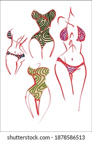 
Conjunto de VECTOR con un
diseño original y elegante de dibujos gráficos dibujados a mano con el hermoso modelo de chica joven en bikini para el logo de diseño de moda 