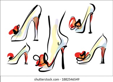 
VECTOR set  with a stylish  original hand-drawn sketch graphics with beautiful shoes for fashion design logo 