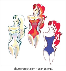 
VECTOR Set with a
stylish  fashion original hand-drawn graphics sketch   with beautiful young girl in bikini for design sport are fitness  logo 
