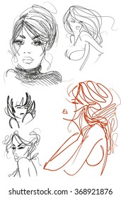 VECTOR    set
stylish  original hand-drawn graphics portrait  with beautiful young attractive girl model for design. Fashion, style,    beauty . Graphic, sketch drawing. Sexy  woman