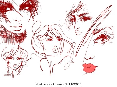 VECTOR set
stylish  original hand-drawn graphics portrait  with beautiful young attractive girl model for design. Fashion, style,    beauty . Graphic, sketch drawing. Sexy  woman
