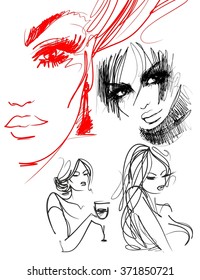 VECTOR set
stylish  original hand-drawn graphics portrait  with beautiful young attractive girl model for design. Fashion, style,    beauty . Graphic, sketch drawing. Sexy  woman
