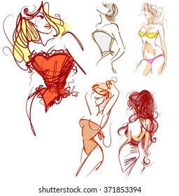 VECTOR set
stylish  original hand-drawn graphic with beautiful young   girl model for design. Fashion, style, youth, fitness, sports, beauty. Graphic, sketch, drawing. Sexy body.

