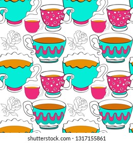 Vector set stylish seamless pattern of the doodle various bright  colorful teacups. Cup on white background.