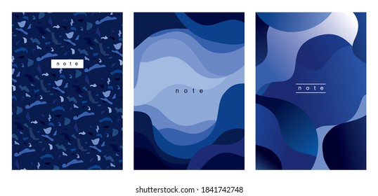 Vector set of stylish simple Notepad cover designs with blue color abstract cut out shapes. Universal trend templates for brochures, catalogs, certificates. Posters with smooth lines of landscapes. 