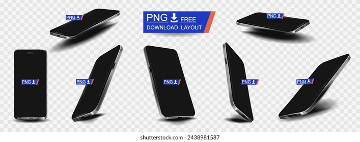 Vector set of stylish smartphones of a new model with blank screen on transparent background. Free collection of realistic smartphones from different angles. Modern phone mockups for presentation