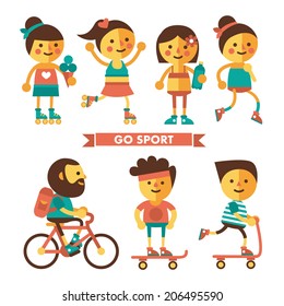 Vector set of stylish sportsmen characters in sportswear. Girls on roller skates, runners, cyclist, skater, boy on a scooter. Stylish, cute characters.