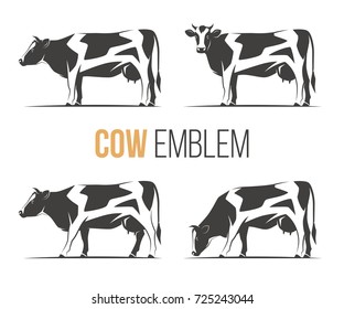 Vector set of a stylish spotted holstein cows. Emblem, logo, label designs.