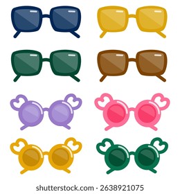 Vector set of stylish sunglasses in various colors and styles for men and women, isolated on white background for summer or fashion themes.

