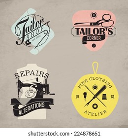 Vector set of stylish tailor shop, cloth repair and alteration shop and atelier insignia | Retro looking stylish dressmaking shop emblems on natural color craft paper background