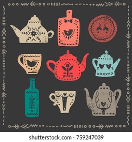 Vector set of stylish teapots, mugs and bottles with folk patterns and textures on a black background. For the menu of tea cafe, packing, posters.