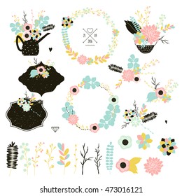 Vector set with stylish vintage flowers, succulents, cactus, compositions, wreaths and shapes. Vector illustration. Clip art set
