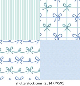 Vector set of stylish vintage seanless pattern in blue and green colors. Neutral bow seamless pattern design. Simple striped and dots prints.