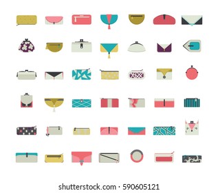 Vector set with stylish vogue purses and clutches for women in simple flat style. Design collection in different decoration styles in bright colors. Blue, green and pink pouches and wallets icons