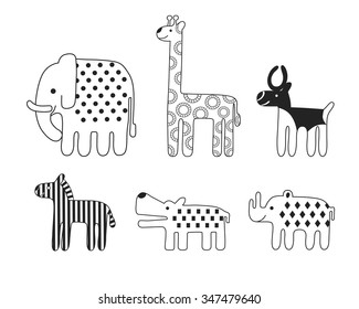 Vector set of stylized african animals isolated on white background