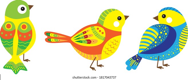 Vector set of stylized birds. A collection of cartoon birds. Artistic illustration. Graphic decoration art.