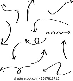 Vector set of stylized black ink arrows painted with brush strokes, ideal for creative direction, motion concepts, poster and banner