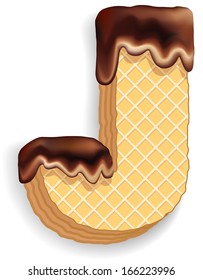 Vector set of stylized characters consisting of stacked layers of wafers with chocolate cream flowing down from the top. Letter J