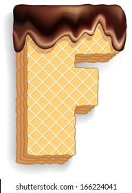 Vector set of stylized characters consisting of stacked layers of wafers with chocolate cream flowing down from the top. Letter F