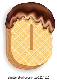Vector set of stylized characters consisting of stacked layers of wafers with chocolate cream flowing down from the top. Letter O